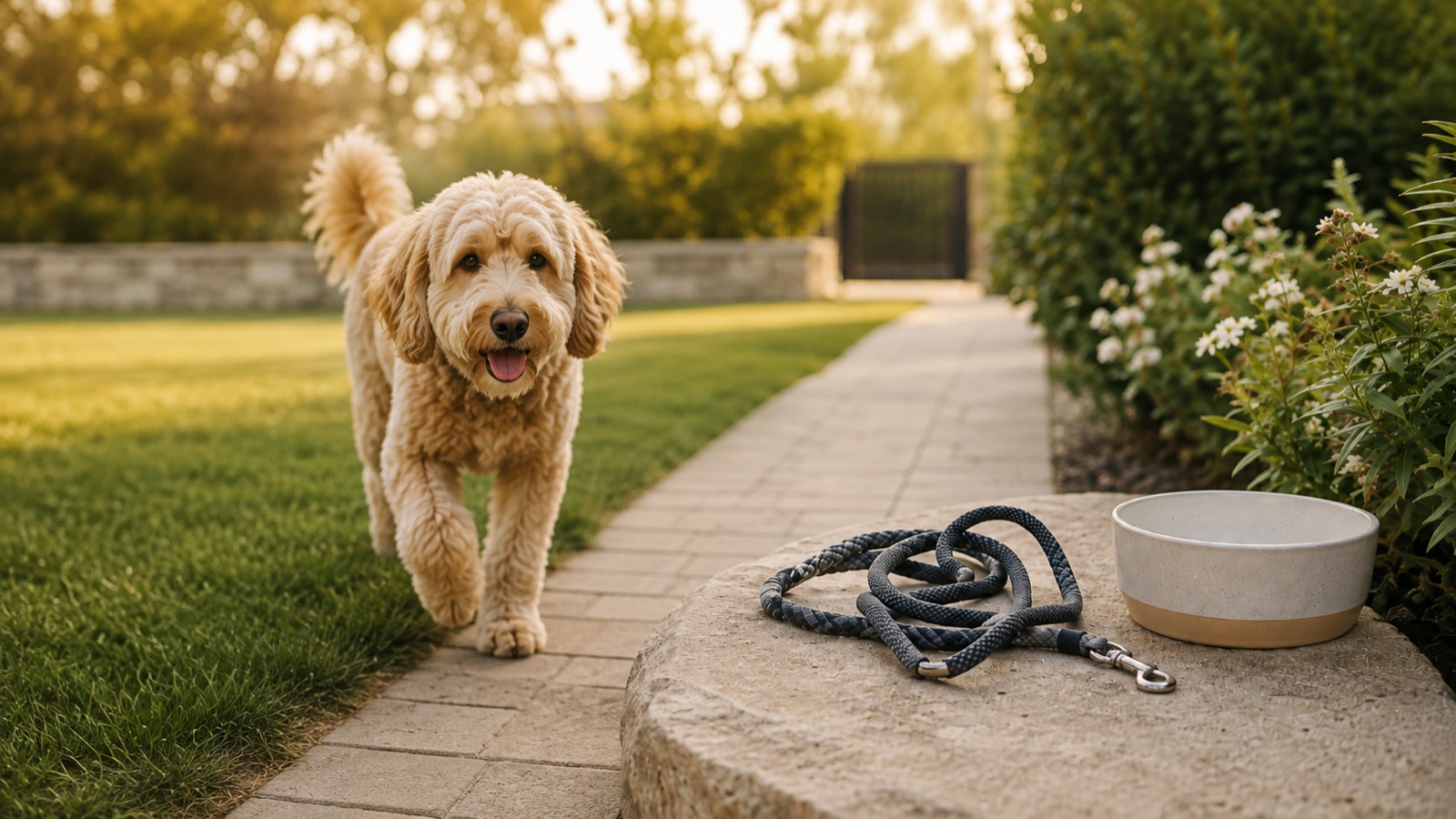 A doodle walking up a garden path toward a waiting leash and water bowl