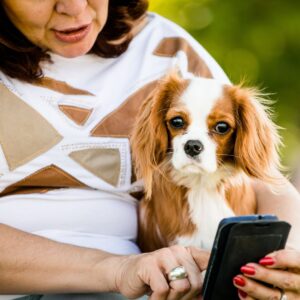 person texting with dog in arms