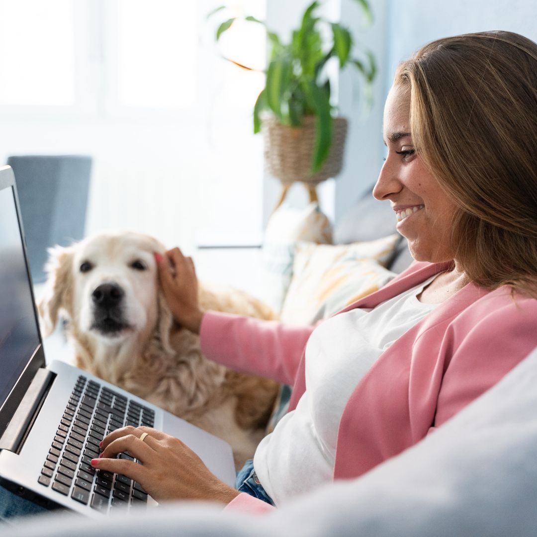 Person using a laptop on a couch and petting their dog
