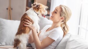 Person sitting with a dog on a couch